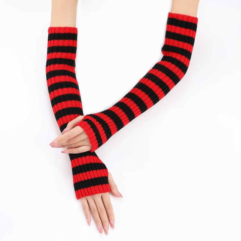 Sumleno Long Fingerless Gloves Knitted Y2k Striped Arm Warmers for Women Girls Punk Gothic Emo Scene Grunge Accessories - Image 5